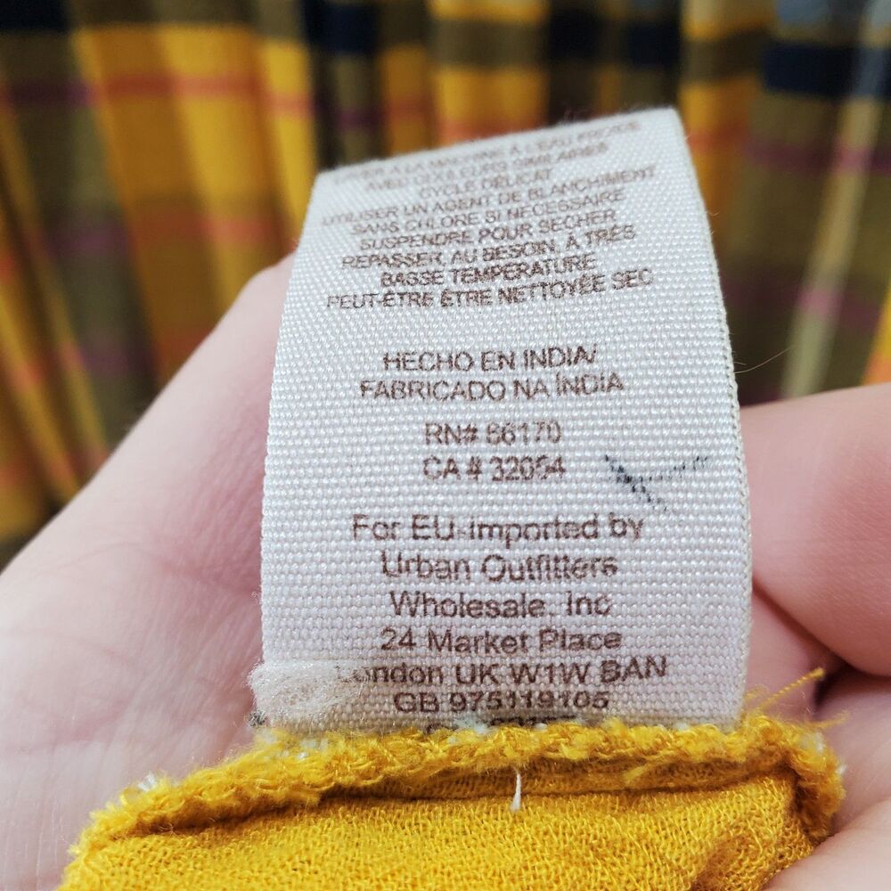 M Urban Outfitters Plaid Tunic Mini Dress Long Sleeve Yellow Black V Neck - Picture 5 of 13
